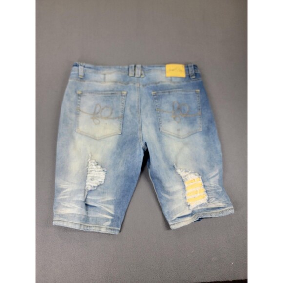 Frost Origin Shorts Mens 38 Blue Distressed Ripped Denim Yellow Patch Streetwear - Picture 13 of 15
